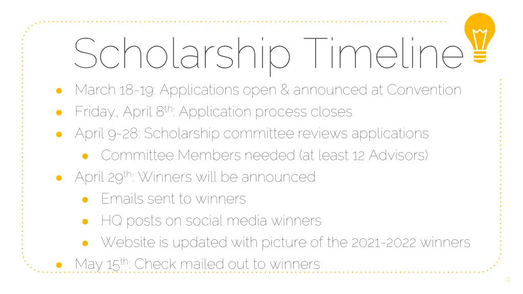 scholarship timeline march 18 19 applications