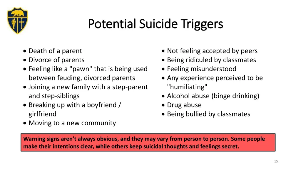 potential suicide triggers potential suicide