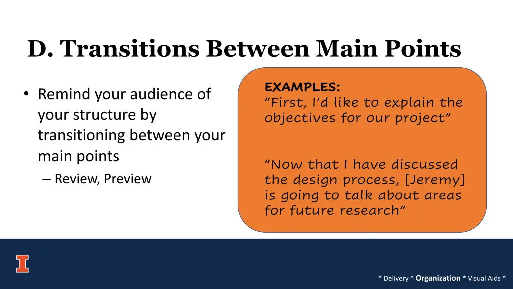 d transitions between main points