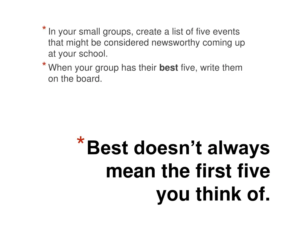 in your small groups create a list of five events