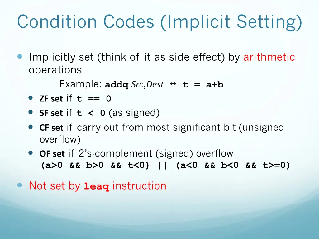 condition codes implicit setting