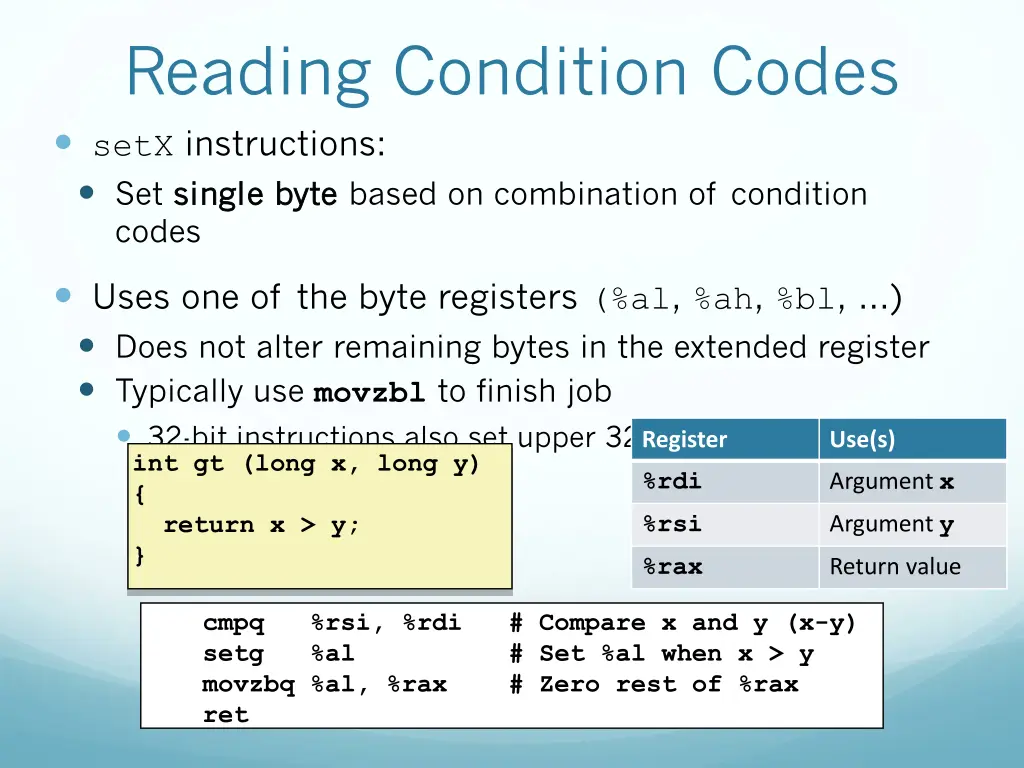 reading condition codes setx instructions