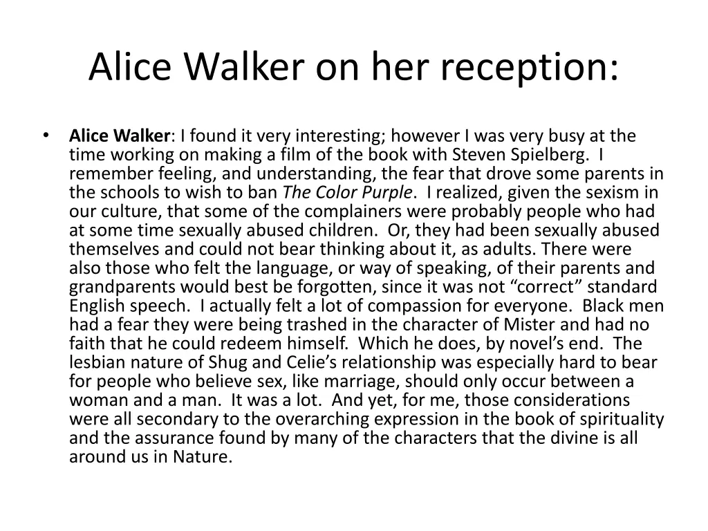 alice walker on her reception
