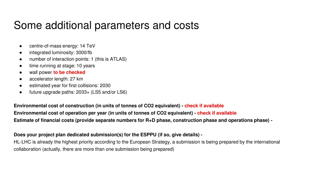 some additional parameters and costs