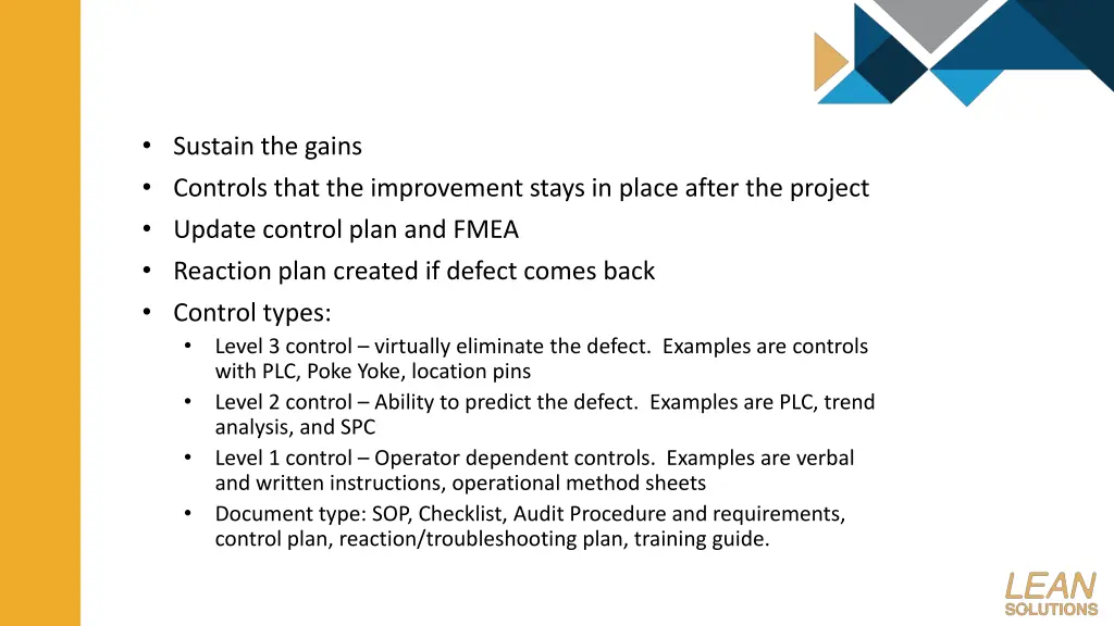 sustain the gains controls that the improvement
