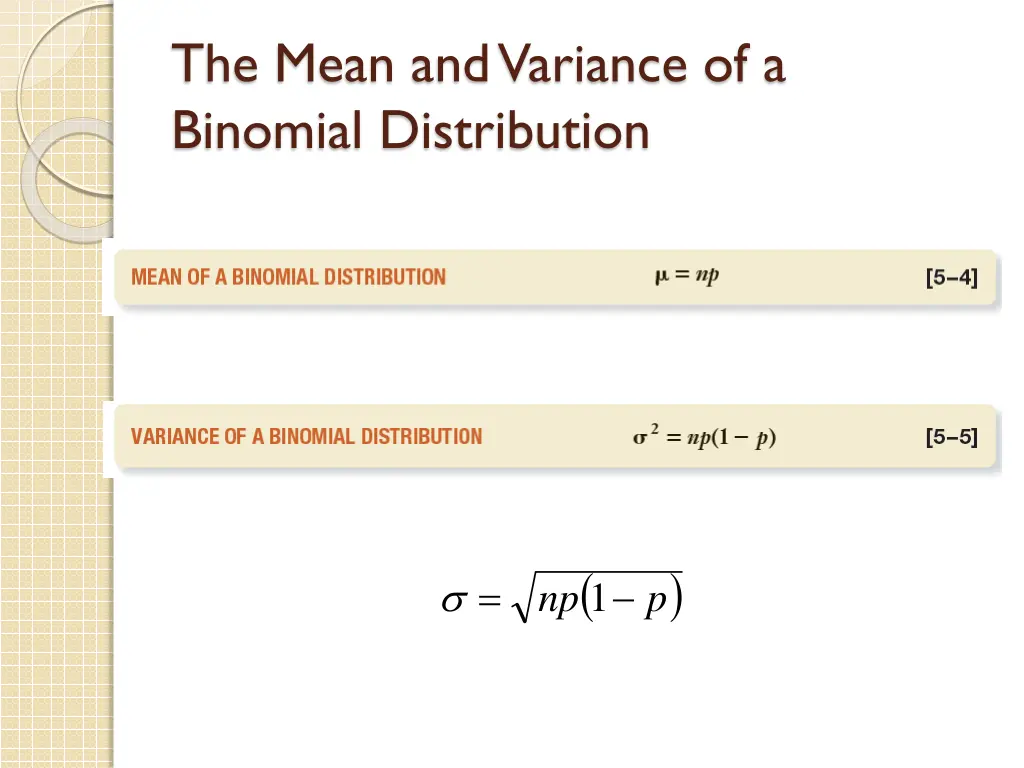 the mean and variance of a binomial distribution