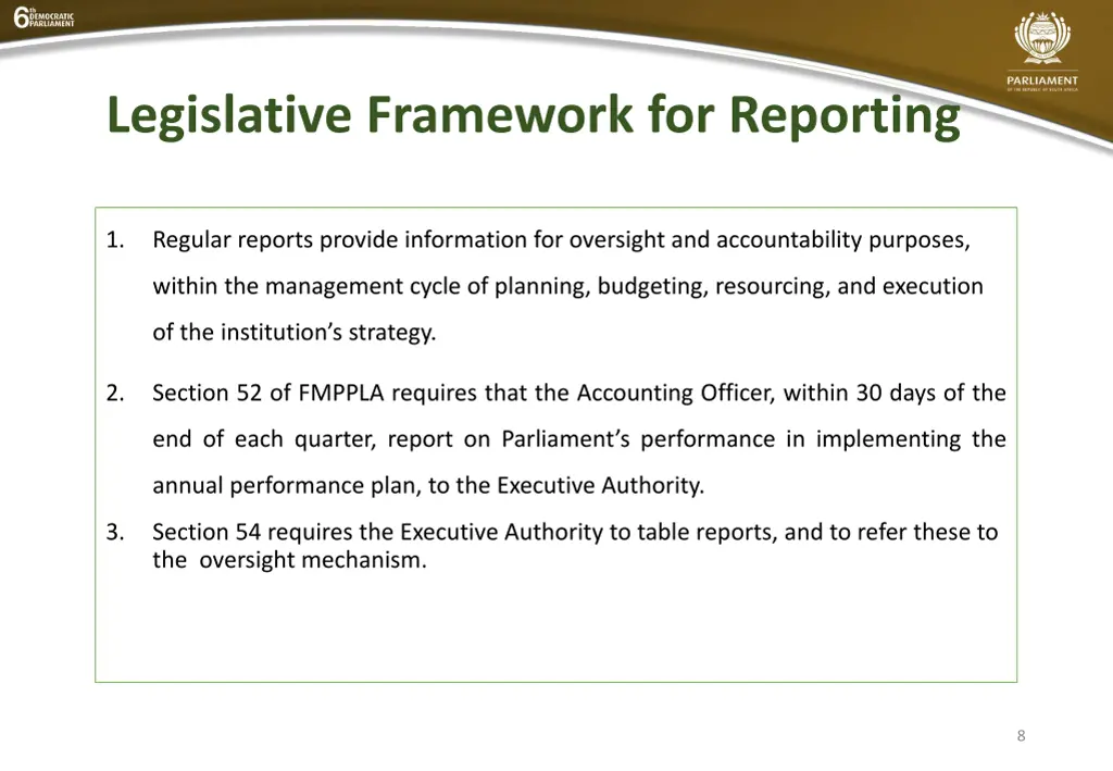 legislative framework for reporting