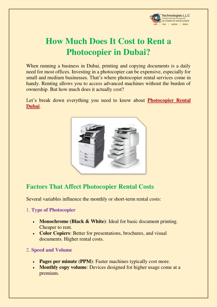 how much does it cost to rent a photocopier