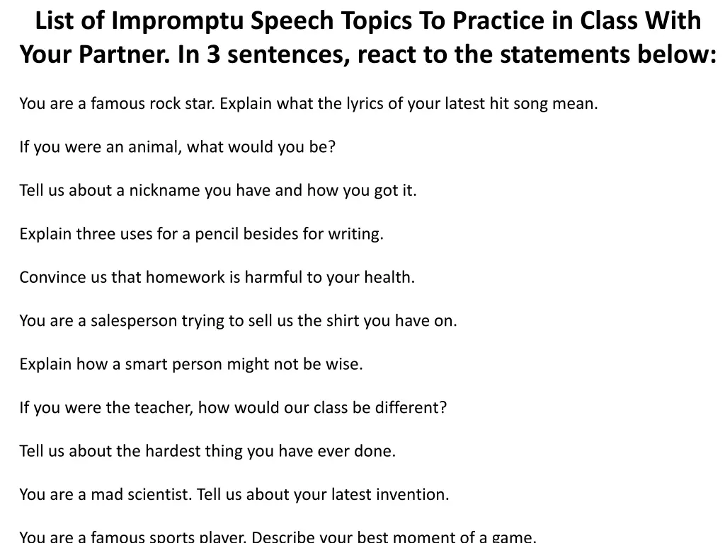 list of impromptu speech topics to practice