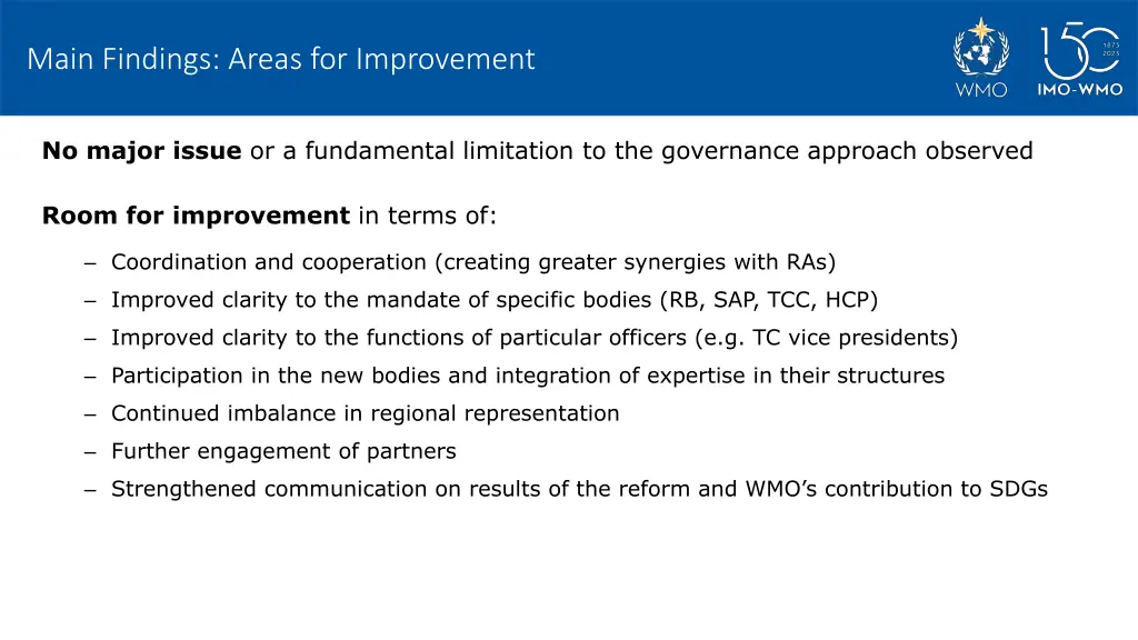 main findings areas for improvement