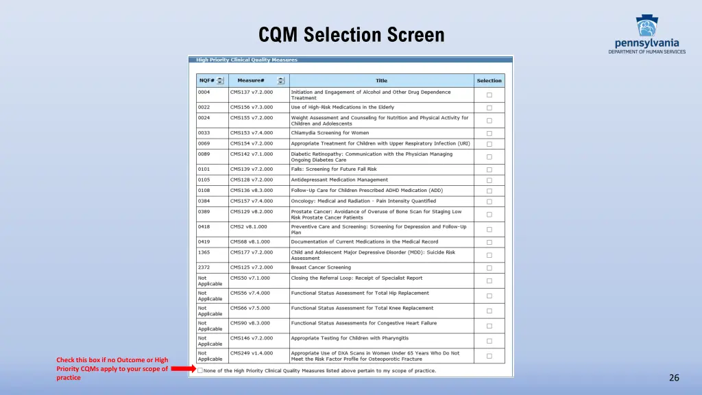 cqm selection screen 1