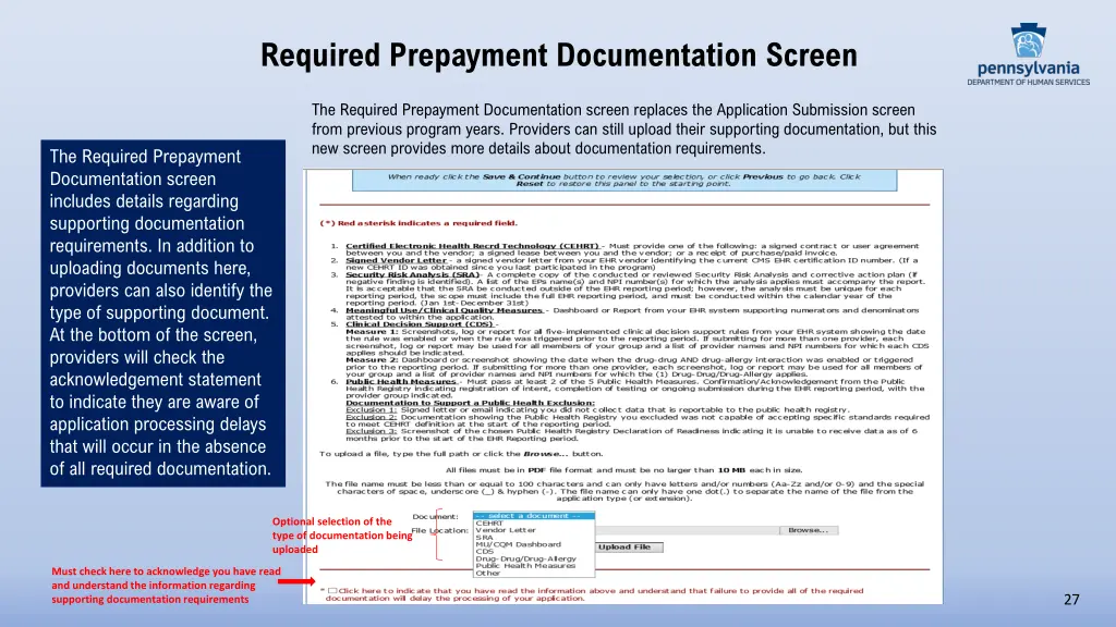 required prepayment documentation screen