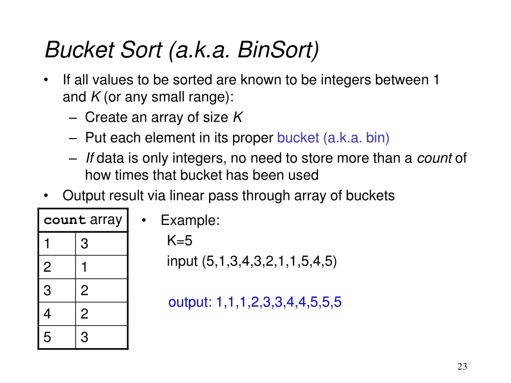 bucket sort a k a binsort