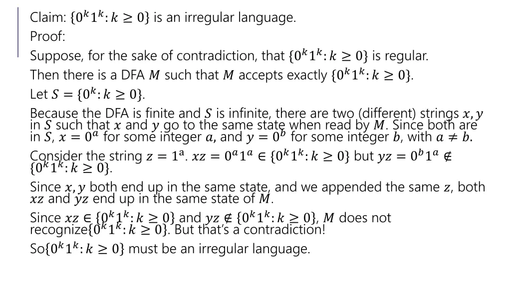 claim 0 1 0 is an irregular language proof