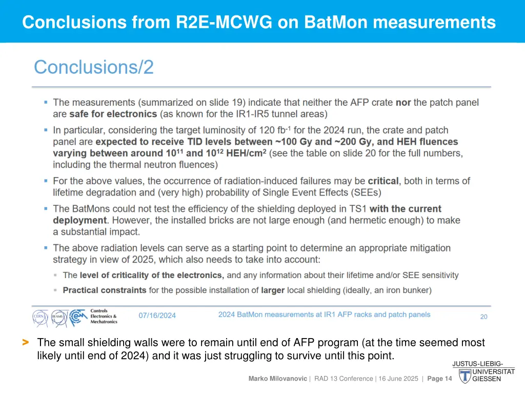 conclusions from r2e mcwg on batmon measurements
