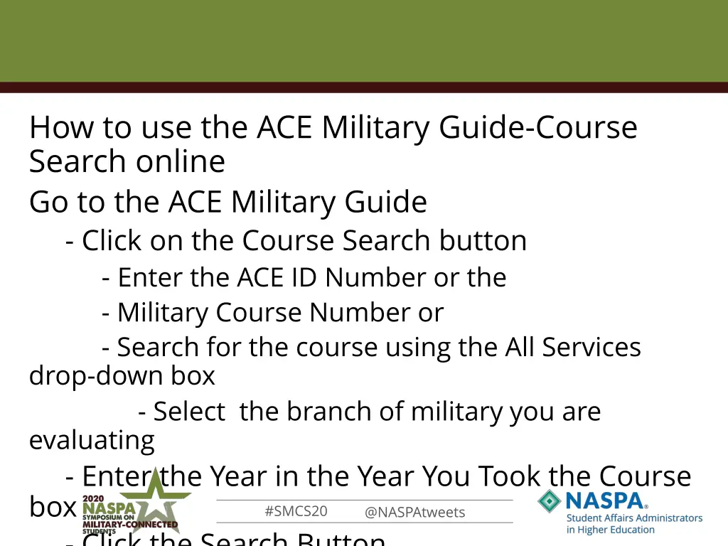 how to use the ace military guide course search