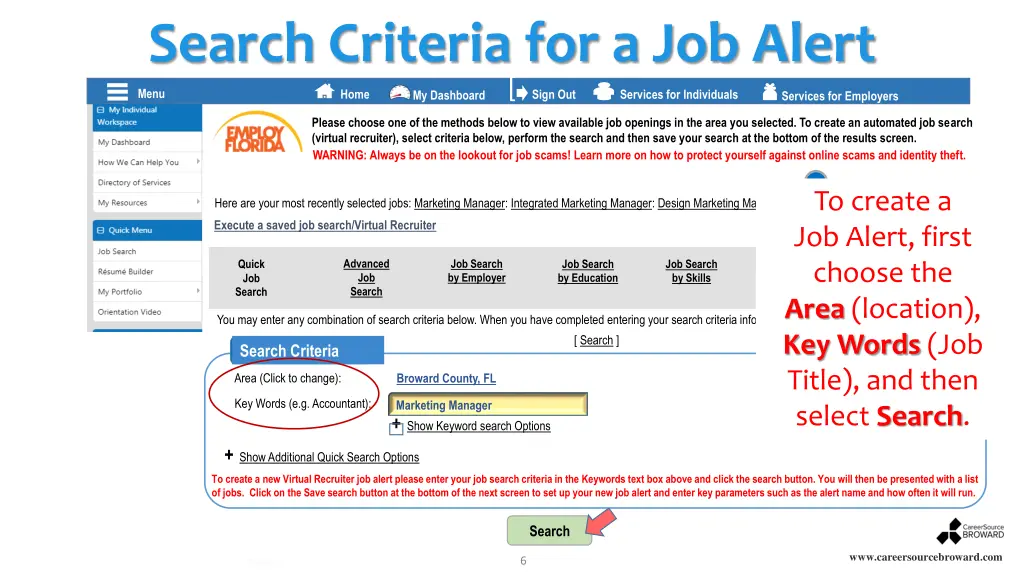 search criteria for a job alert
