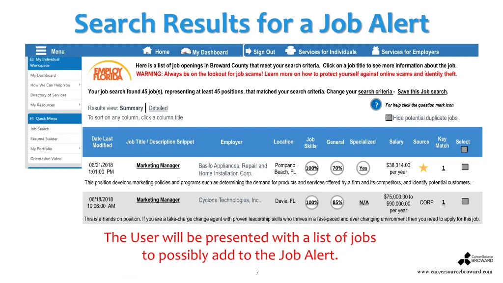 search results for a job alert