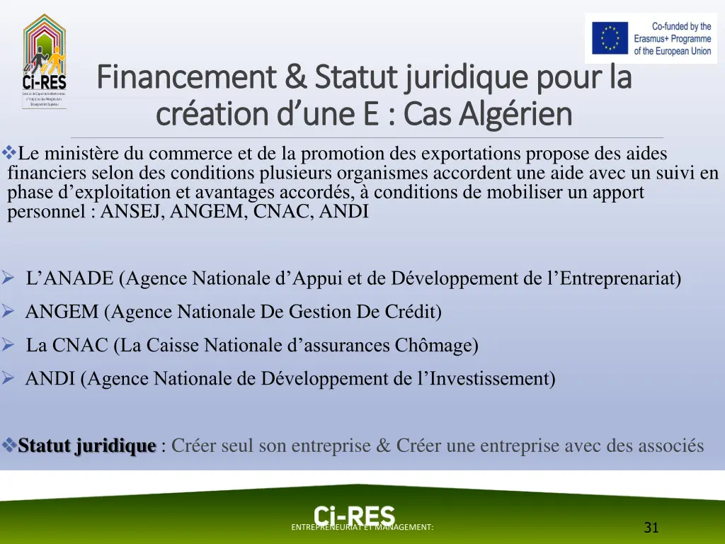 financement statut juridique pour la financement