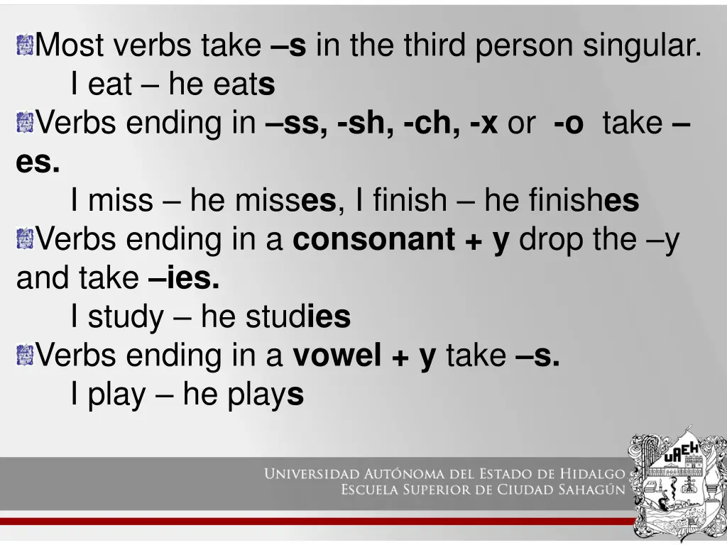 most verbs take s in the third person singular