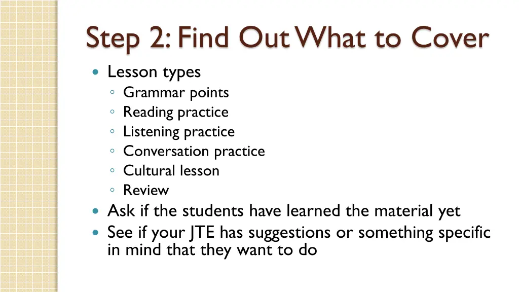 step 2 find out what to cover lesson types