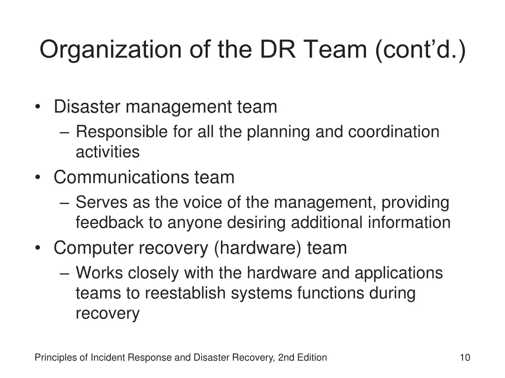 organization of the dr team cont d