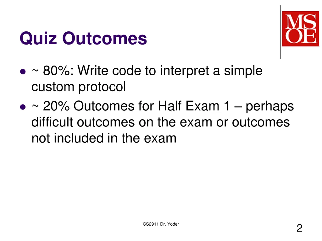 quiz outcomes