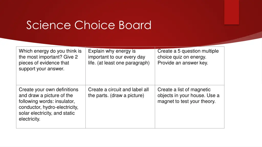 science choice board
