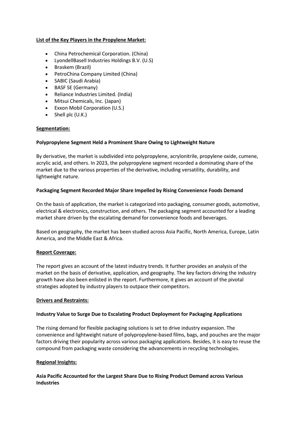 list of the key players in the propylene market