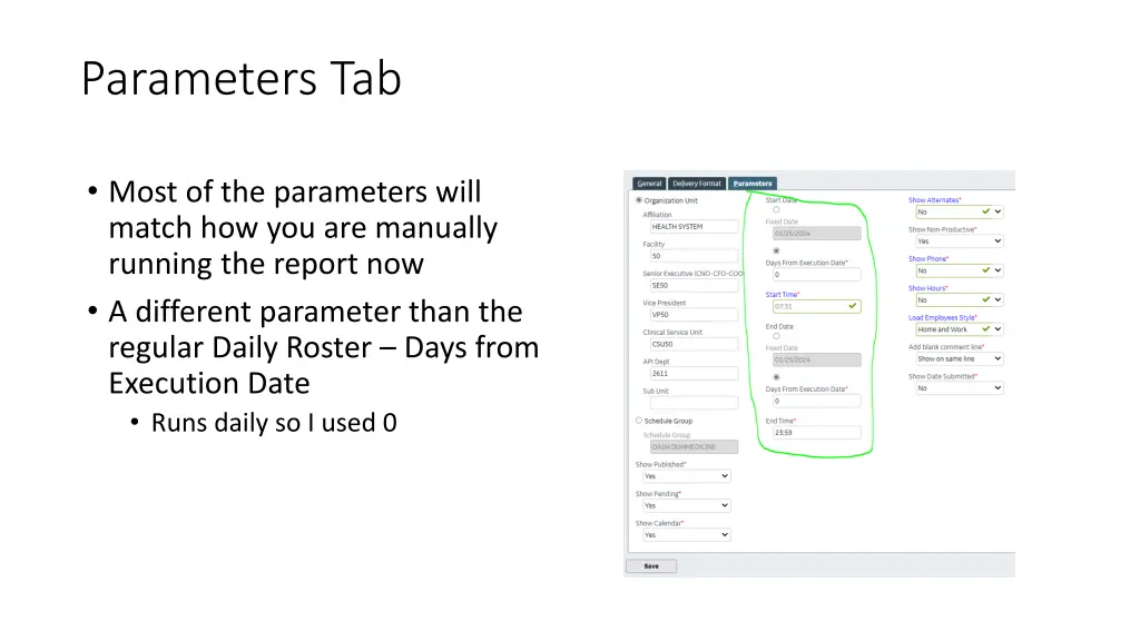 parameters tab