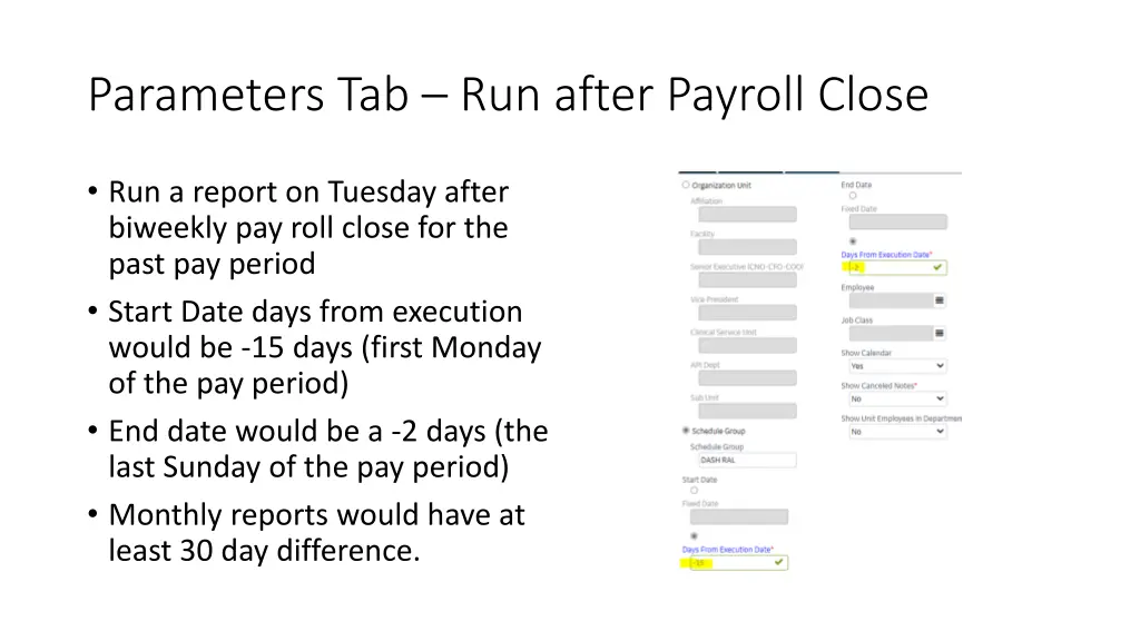 parameters tab run after payroll close