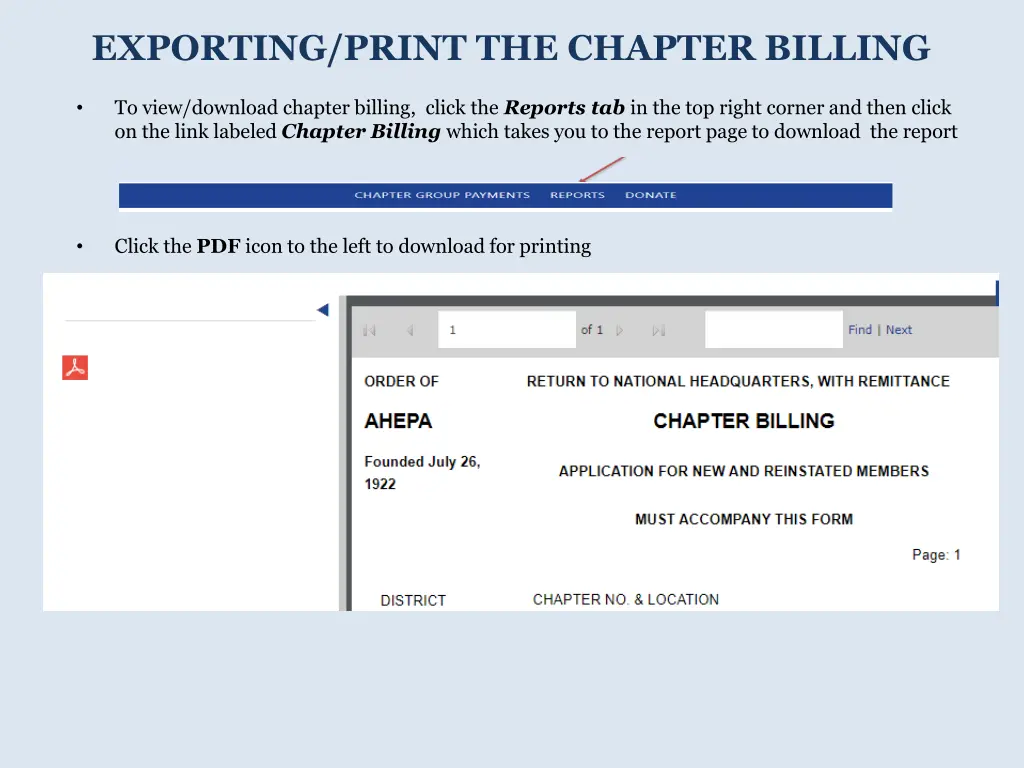 exporting print the chapter billing