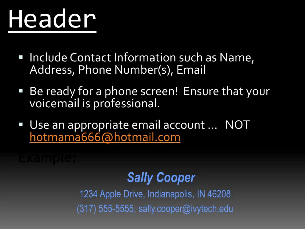 header overview include contact information such
