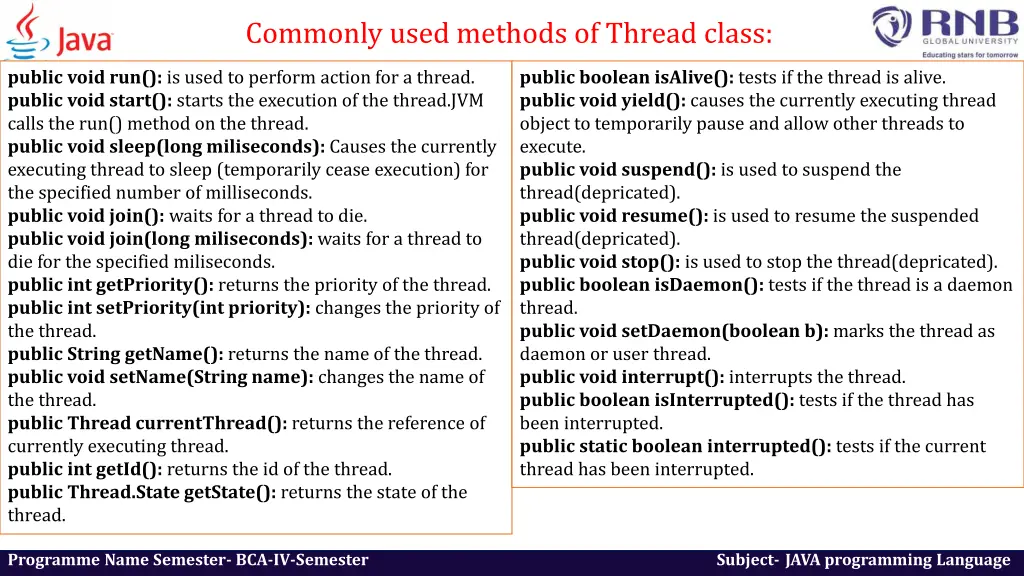 commonly used methods of thread class
