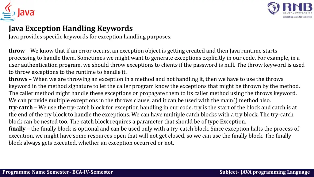 java exception handling keywords java provides