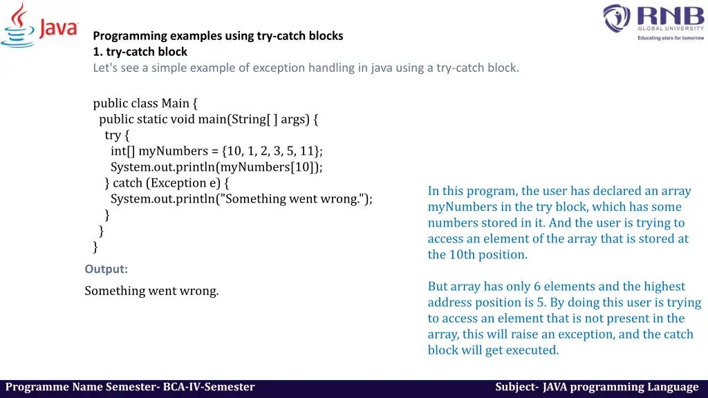 programming examples using try catch blocks