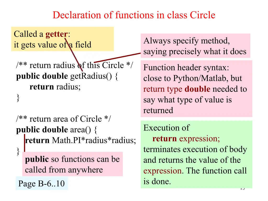 declaration of functions in class circle
