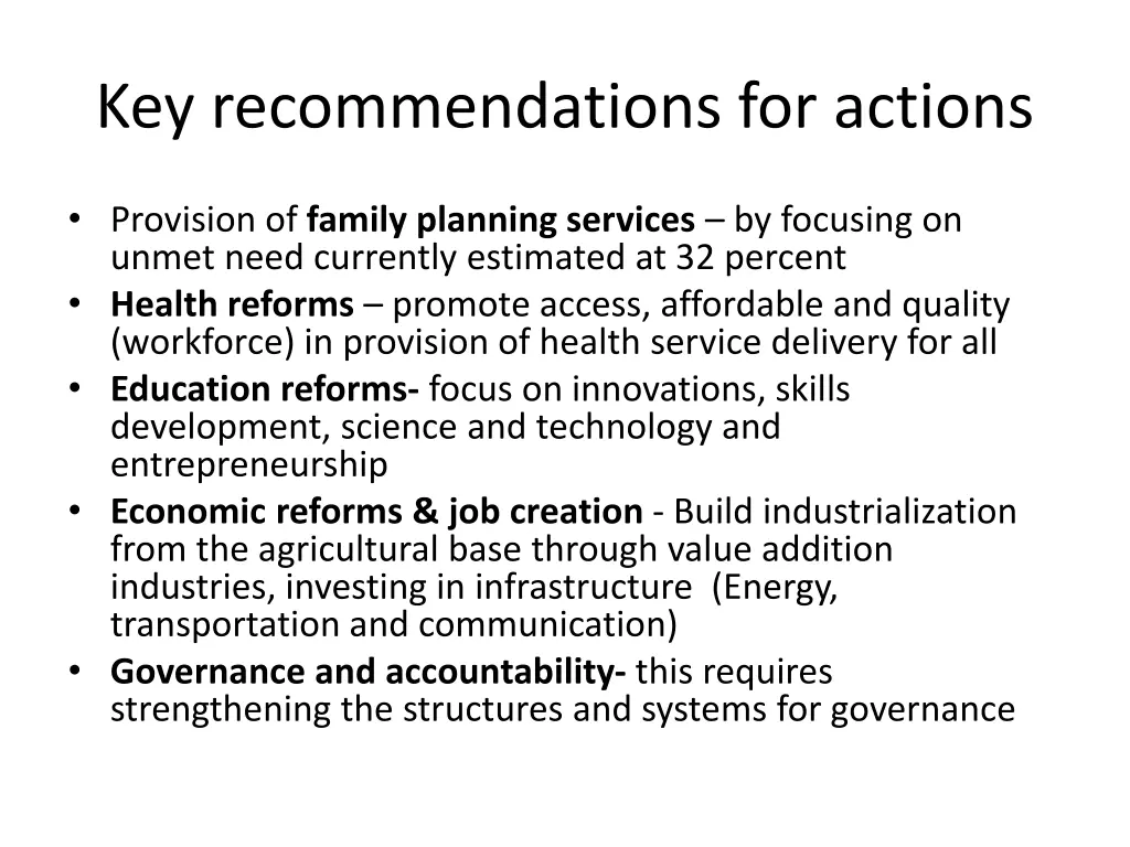 key recommendations for actions