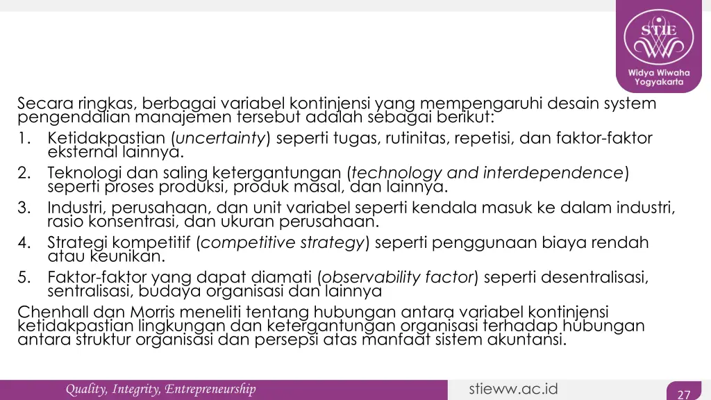 secara ringkas berbagai variabel kontinjensi yang