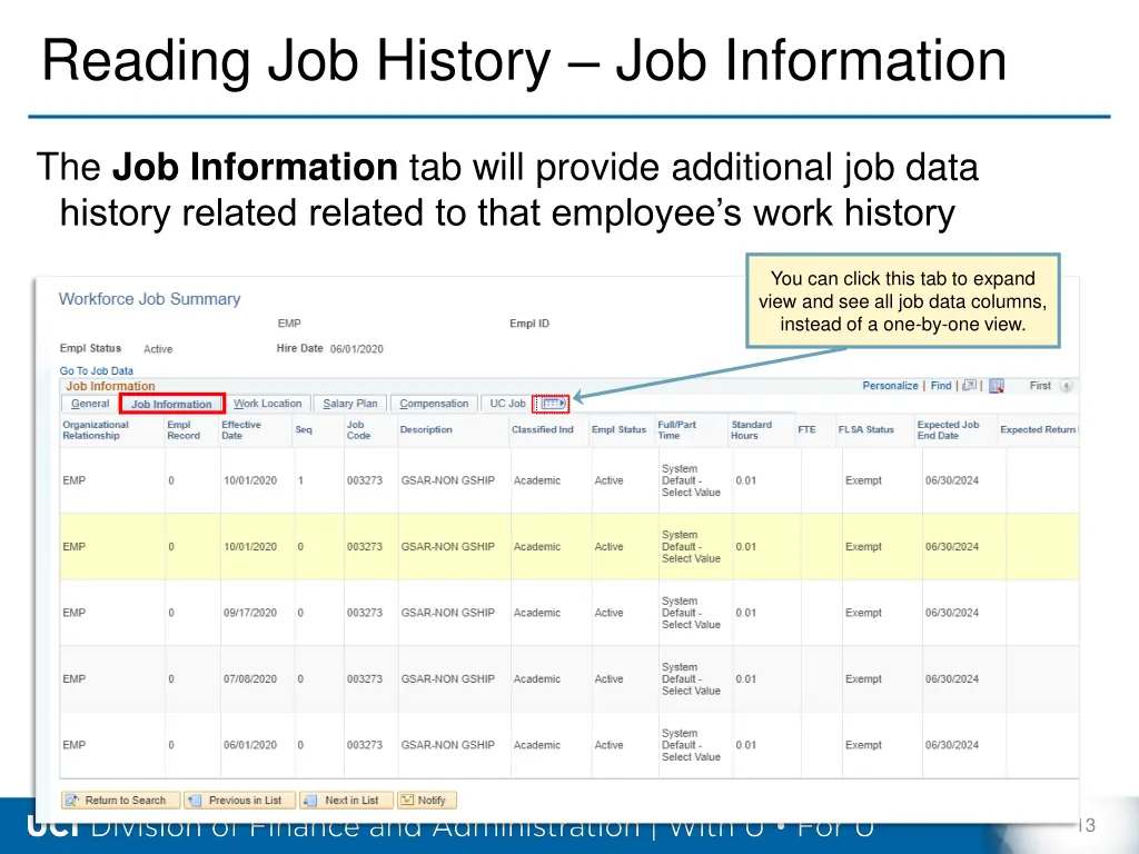 reading job history job information