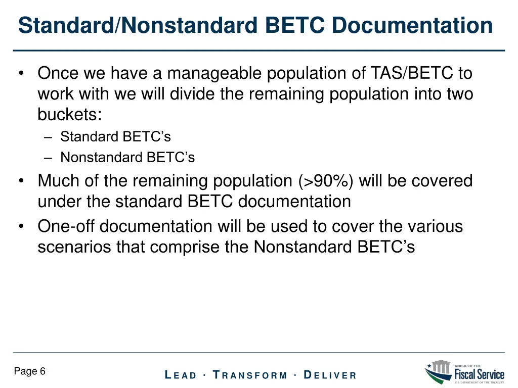 standard nonstandard betc documentation