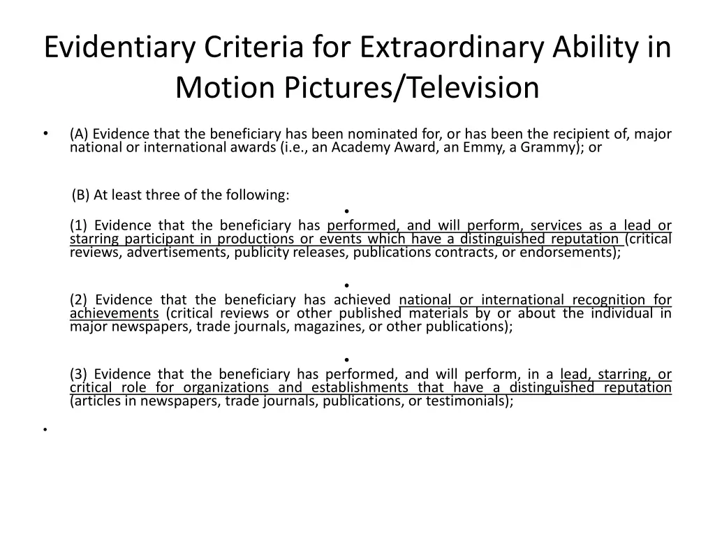 evidentiary criteria for extraordinary ability