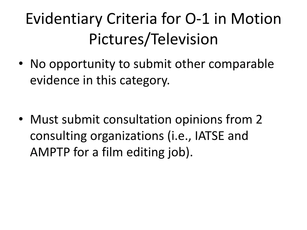 evidentiary criteria for o 1 in motion pictures 1