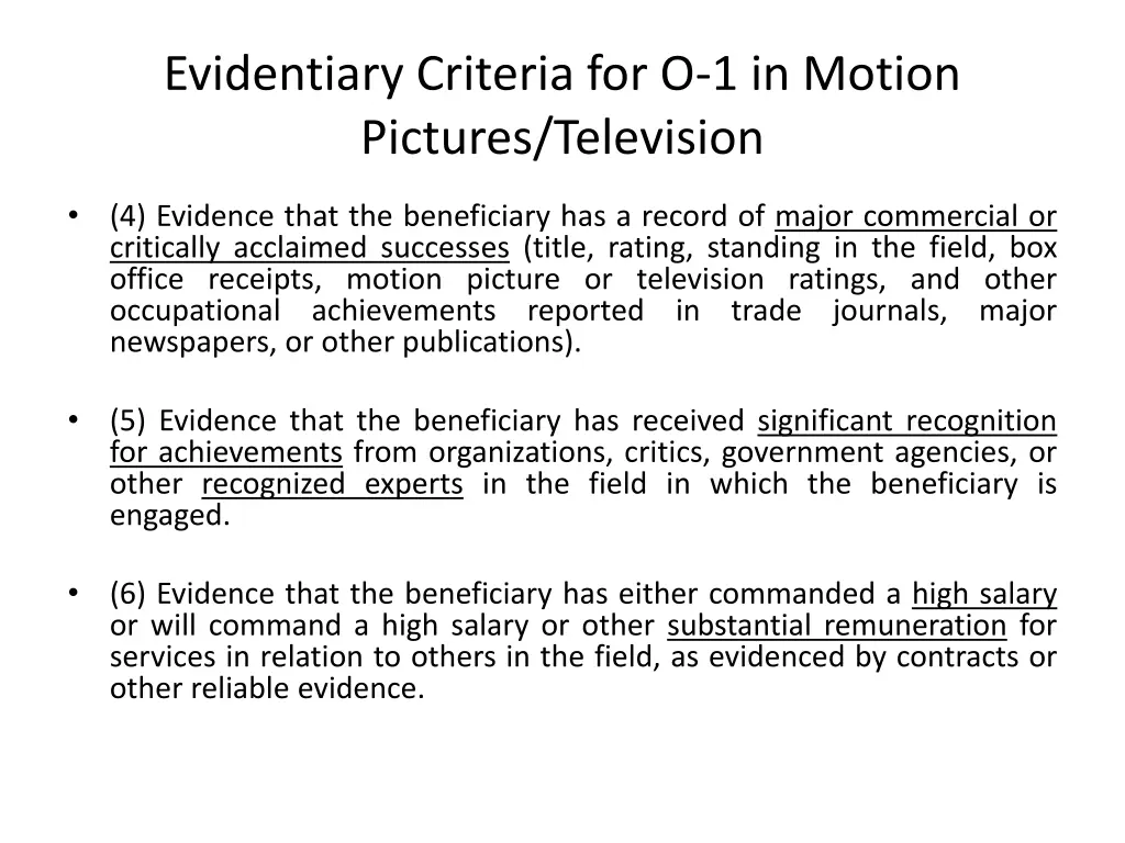 evidentiary criteria for o 1 in motion pictures