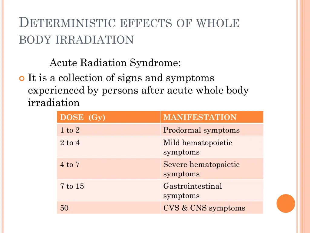d eterministic effects of whole body irradiation