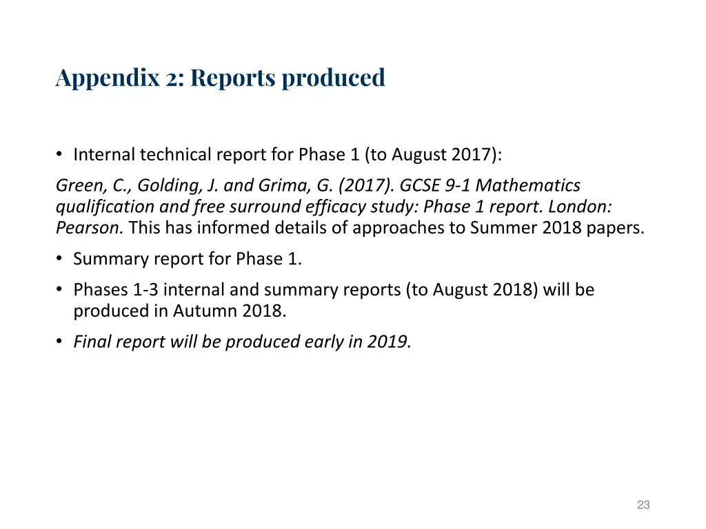 appendix 2 reports produced