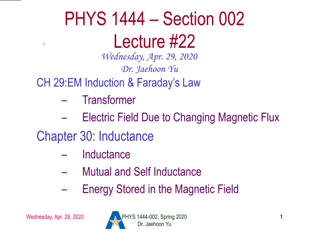 phys 1444 section 002 lecture 22 wednesday