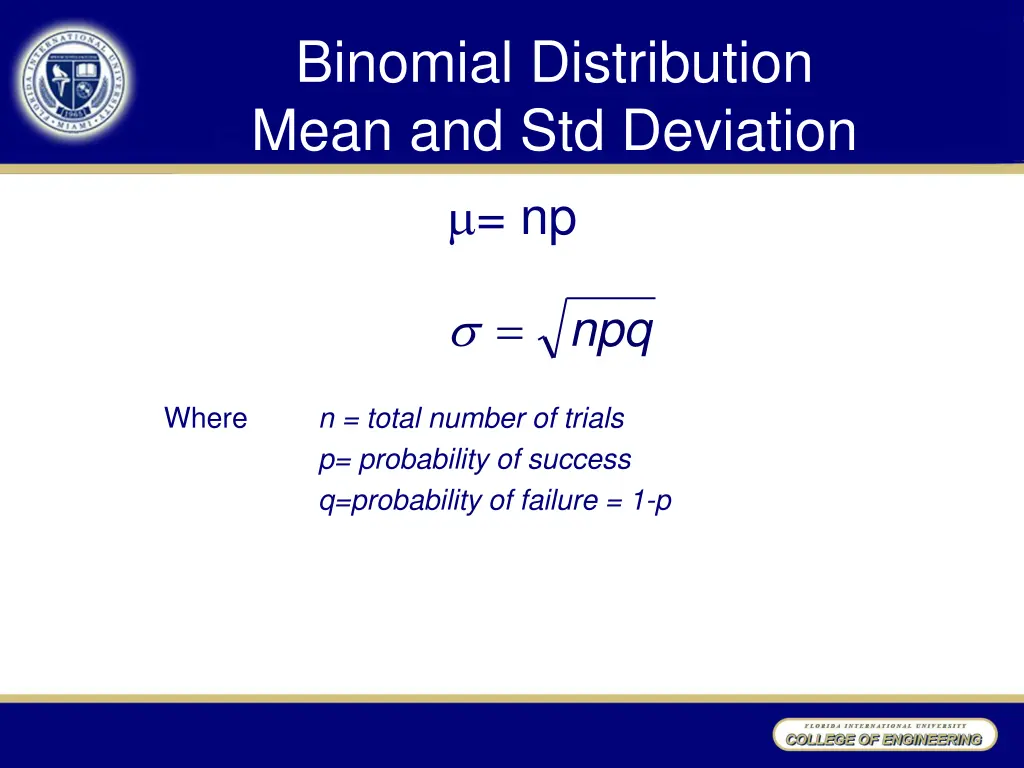 binomial distribution mean and std deviation np