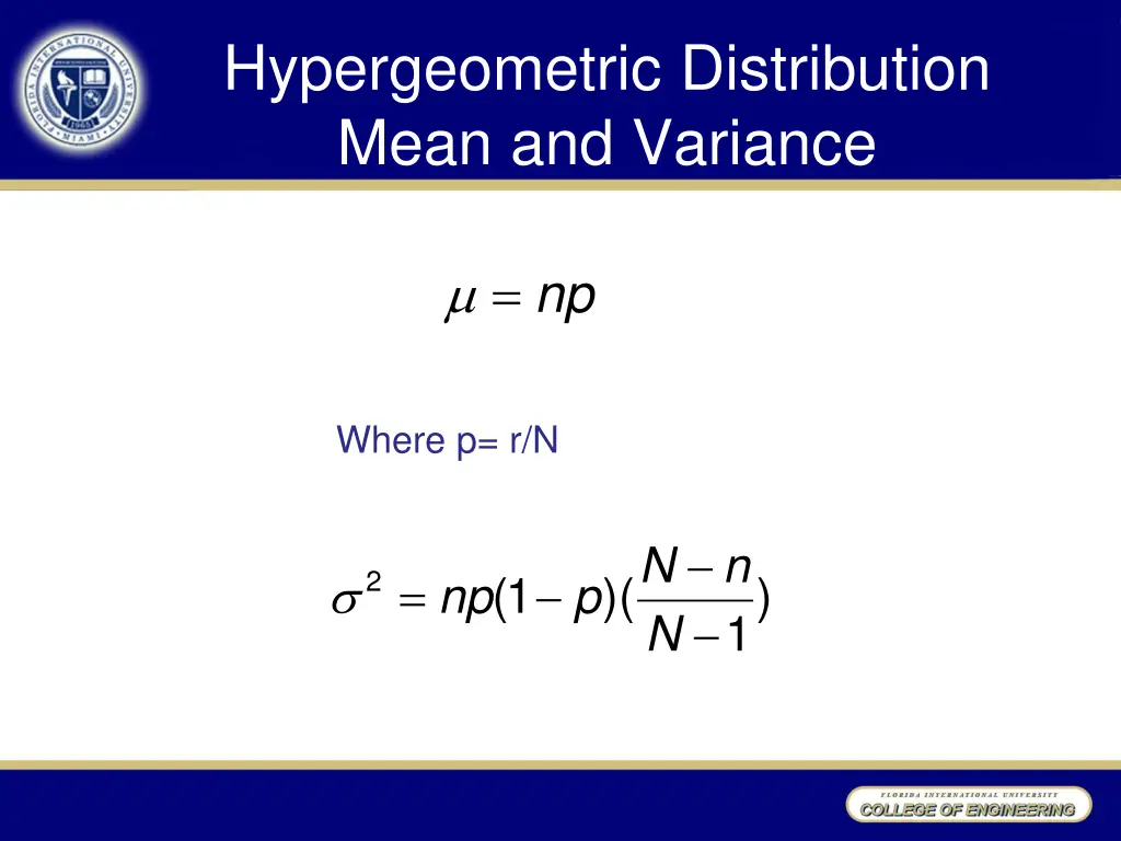 hypergeometric distribution mean and variance
