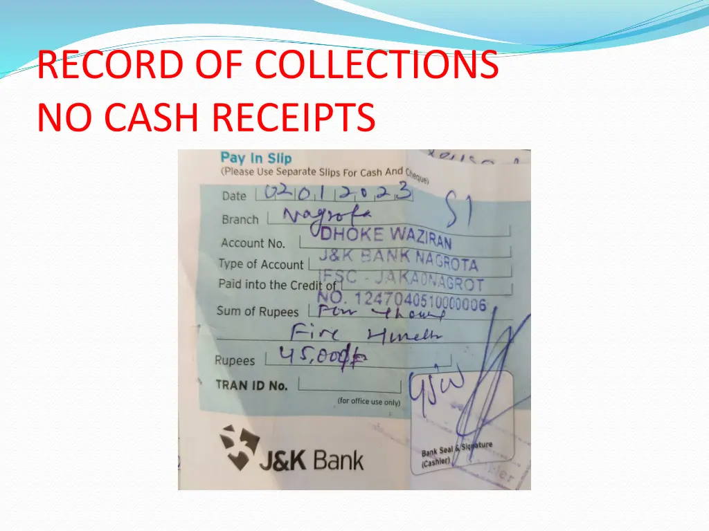 record of collections no cash receipts